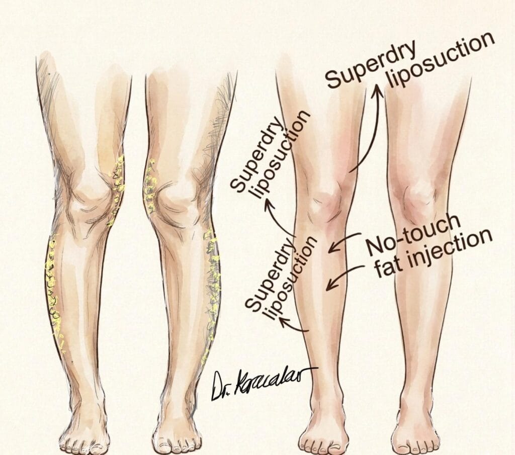 Parantez bacak ve çarpık bacak estetiğinde SuperDry liposuction ve no-touch saf yağ transferi yöntemini gösteren tıbbi çizim.