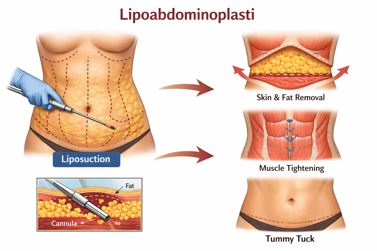 Lipoabdominoplasti tekniği ile karın germe ve liposuction kombinasyonu sonrası estetik karın ve bel görünümü