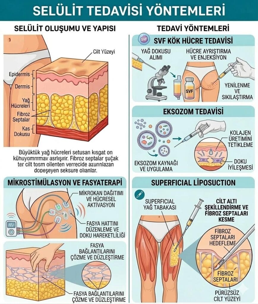 Cellulite treatment methods infographic: SVF stem cells, exosomes, microstimulation, and liposuction