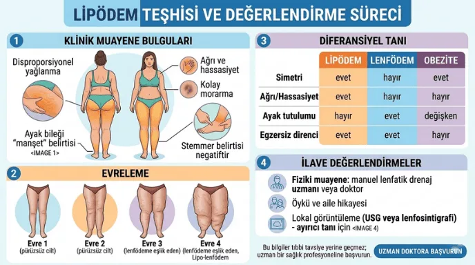 Lipödem Tedavisi: Kansız, Yağ Emboli Riski Olmayan, Lenf Koruyucu Superdry 4D Lipödem teşhisi için klinik muayene bulguları, evreleme, diferansiyel tanı ve ilave değerlendirme yöntemlerini gösteren infografik