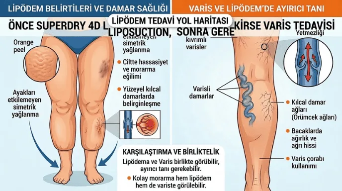 Lipödem Tedavisi: Kansız, Yağ Emboli Riski Olmayan, Lenf Koruyucu Superdry 4D Lipödemde varis belirtilerini, ayırıcı tanıyı ve liposuction ile varis tedavisi farklarını gösteren bacak görseli