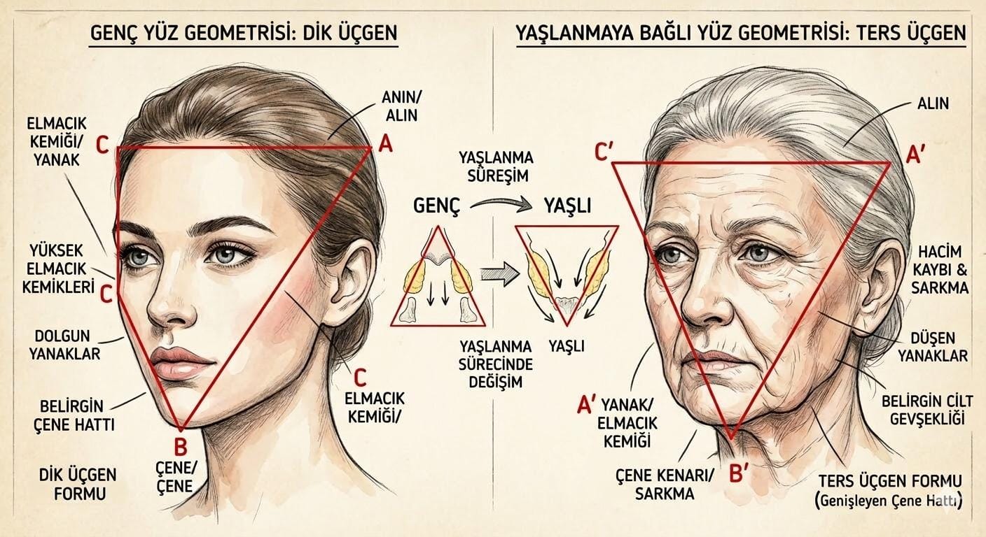 Genç yüzdeki dik üçgen formunun hacim kaybı ve sarkmalarla birlikte nasıl ters üçgene dönüştüğünü gösteren anatomik çizim