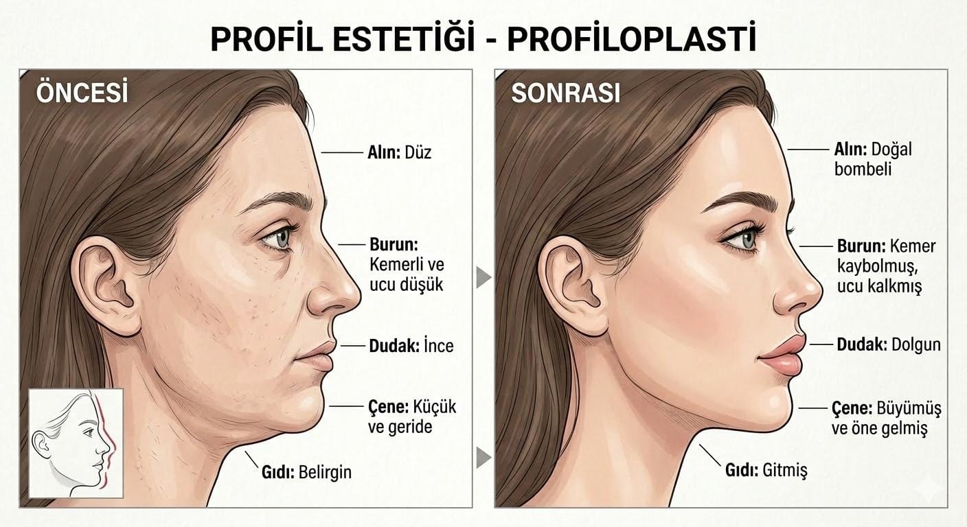 Profil estetiği (profiloplasti) ile alın, burun, dudak, çene ve gıdı bölgelerindeki bütüncül estetik değişimi gösteren tıbbi çizim